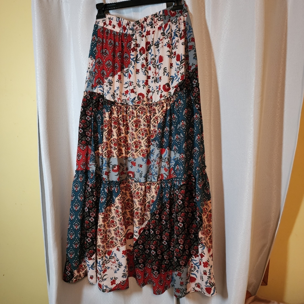 Floral Patchwork Maxi Skirt With Pockets